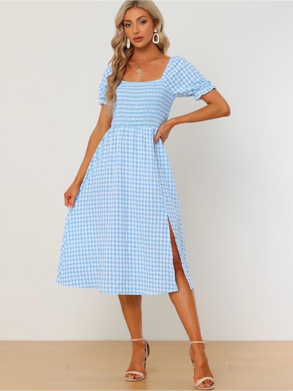 NWT Allegra K Light Blue Gingham Smocked Midi Dress with Side Slit, Large
